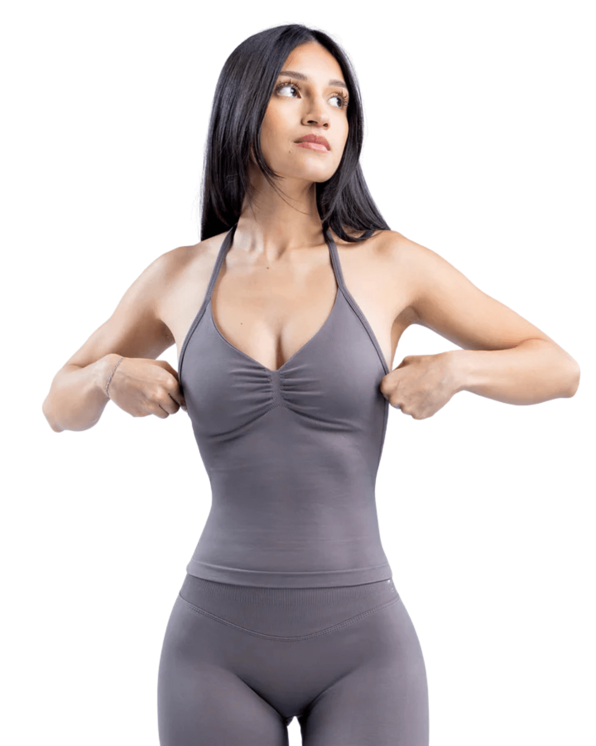 "Stilig Gymfit Strappy Top i brun, halterneck design, høyelastisk nylon, perfekt for trening med komfort og stil."