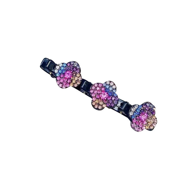 "Stilig hårklemme med tre blomster i grå, fargerik, champagne og lilla med glitrende rhinestones for elegant look."