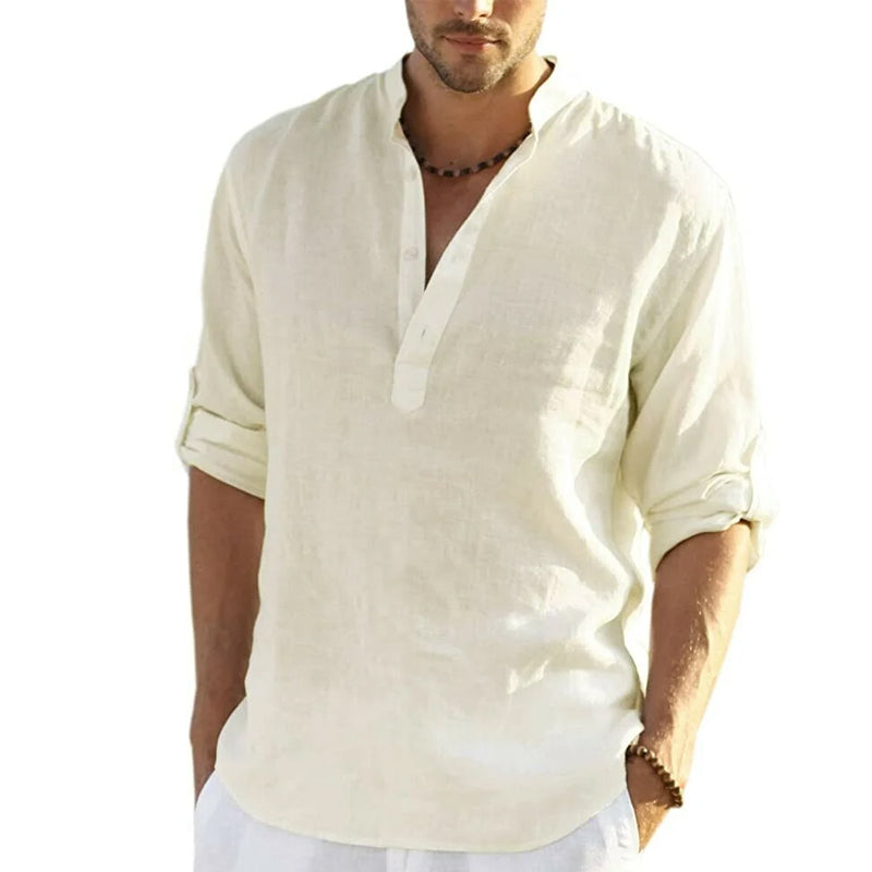 "Stilig herreskjorte i bomull og lin, slim fit design, henley-hals med knapper, lett og pustende for maksimal komfort."