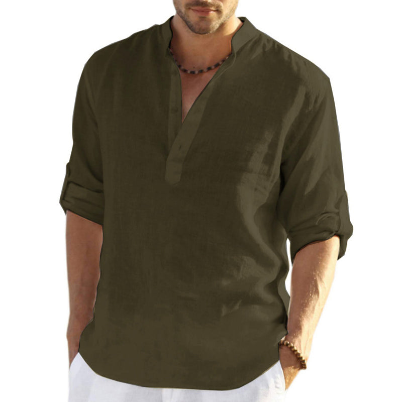 "Stilig herreskjorte i bomull og lin, slim fit design, henley-hals med knapper, lett og pustende for maksimal komfort."