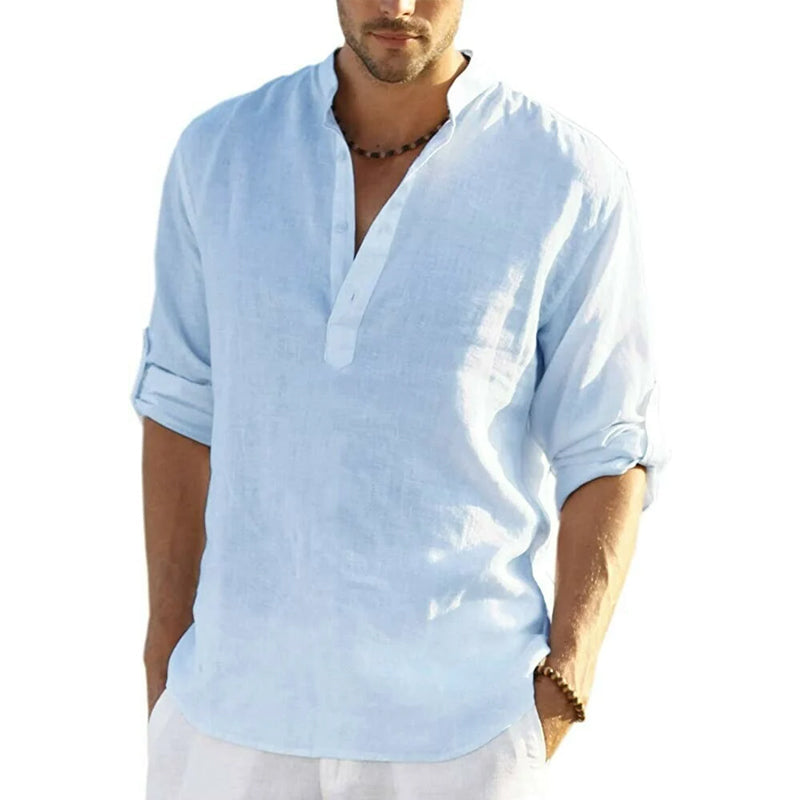 "Stilig herreskjorte i bomull og lin, slim fit design, henley-hals med knapper, lett og pustende for maksimal komfort."