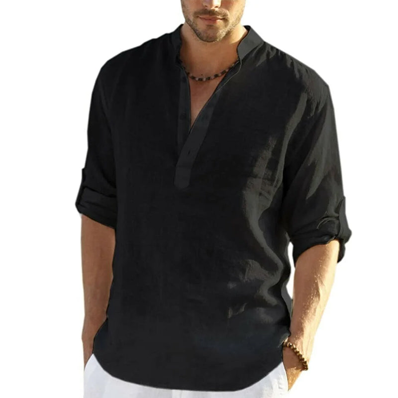 "Stilig herreskjorte i bomull og lin, slim fit design, henley-hals med knapper, lett og pustende for maksimal komfort."