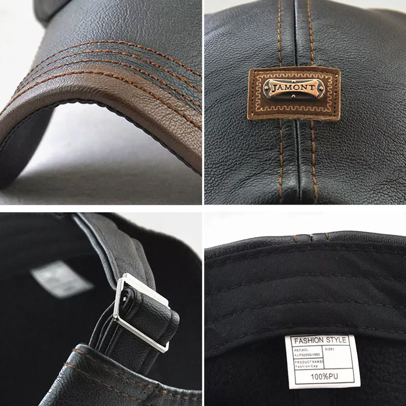 "Stilig, justerbar unisex PU-skinncaps i mørk brun - perfekt for både menn og kvinner, ideell for vinteraktiviteter."