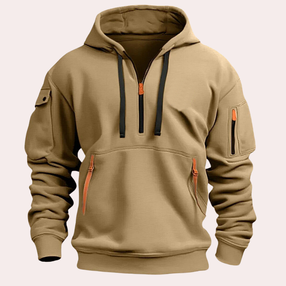 "Stilig khaki hettegenser for menn i polyester med myk tekstur, perfekt for vår- og høstsbruk og enkel å matche."
