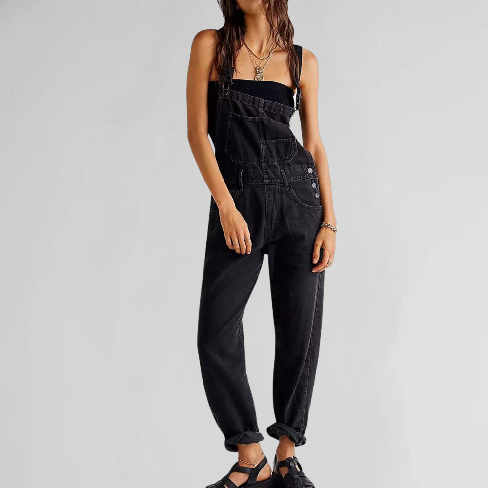 Stilig, komfortabel denim kjeledress for kvinner, side og bak, perfekt for ulike anledninger og moderne stilbevissthet.