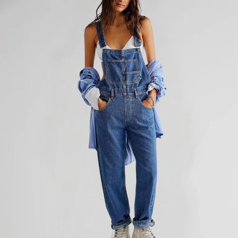 Stilig, komfortabel denim kjeledress for kvinner, side og bak, perfekt for ulike anledninger og moderne stilbevissthet.