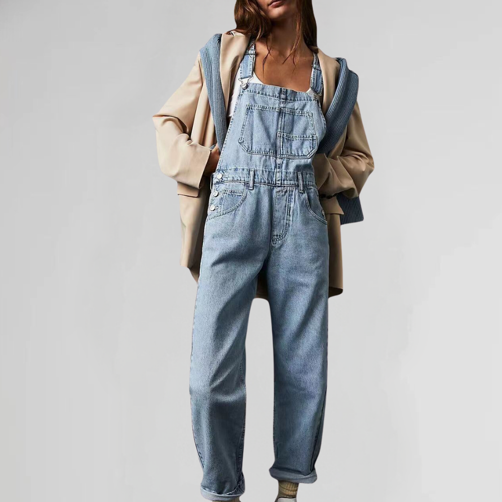 Stilig, komfortabel denim kjeledress for kvinner, side og bak, perfekt for ulike anledninger og moderne stilbevissthet.