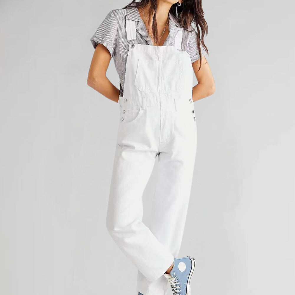 Stilig, komfortabel denim kjeledress for kvinner, side og bak, perfekt for ulike anledninger og moderne stilbevissthet.
