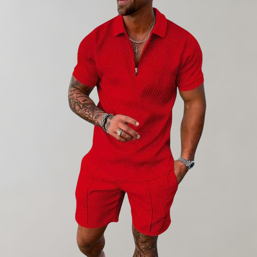 "Stilig poloshirt og shorts for menn i marineblå, perfekt for sommeren med komfortabel passform og elastisk midje."