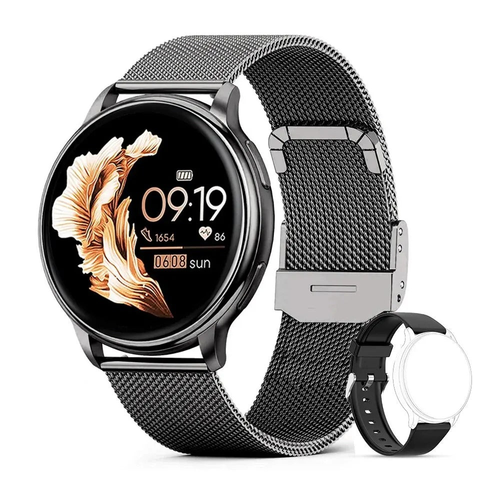 "Stilig smartklokke for kvinner, rosegull farge, Bluetooth, pulsmåling, tilpassbar urskive, moderne design."