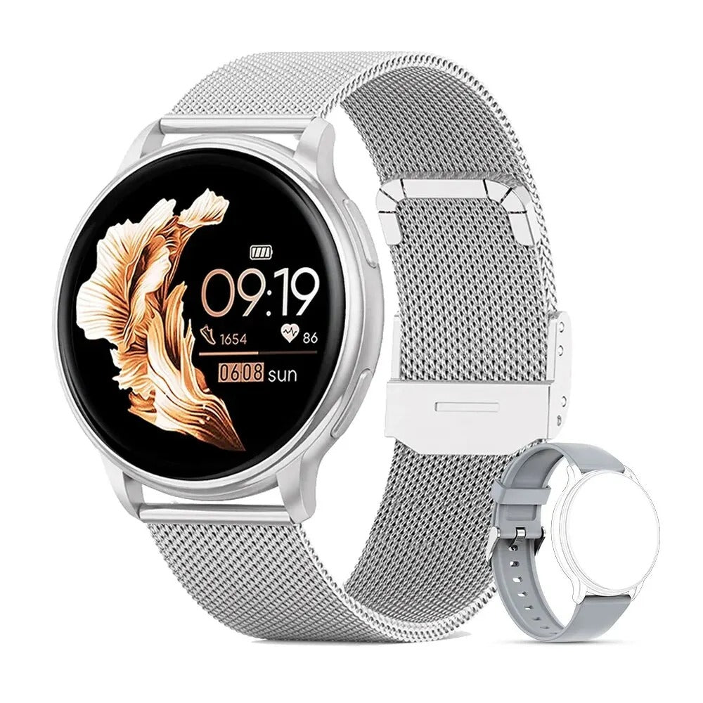"Stilig smartklokke for kvinner, rosegull farge, Bluetooth, pulsmåling, tilpassbar urskive, moderne design."