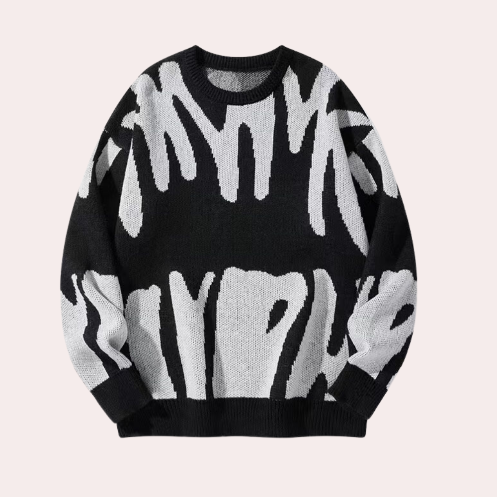 Nærbilde av myk strikk på en komfortabel herregenser. Trendy hverdagsgenser som passer perfekt for kjølige dager.