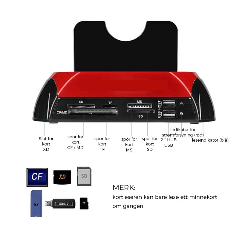 "Stilig, svart dokkingstasjon for harddisk med plug & play, støtte for IDE/SATA, opptil 8 TB, enkel diskbytte."