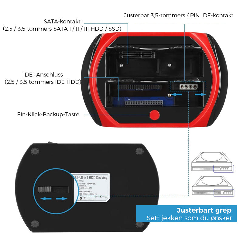"Stilig, svart dokkingstasjon for harddisk med plug & play, støtte for IDE/SATA, opptil 8 TB, enkel diskbytte."
