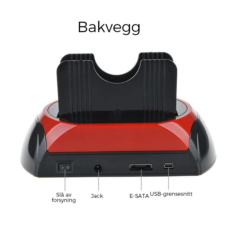 "Stilig, svart dokkingstasjon for harddisk med plug & play, støtte for IDE/SATA, opptil 8 TB, enkel diskbytte."