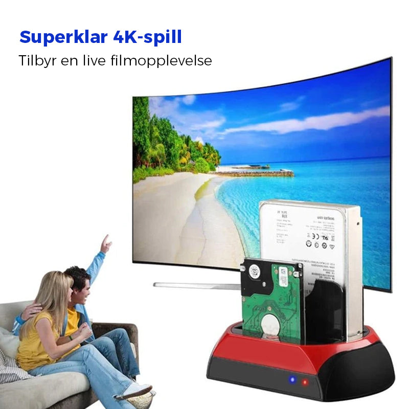 "Stilig, svart dokkingstasjon for harddisk med plug & play, støtte for IDE/SATA, opptil 8 TB, enkel diskbytte."