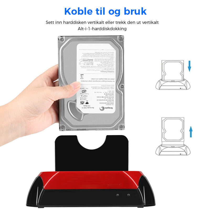 "Stilig, svart dokkingstasjon for harddisk med plug & play, støtte for IDE/SATA, opptil 8 TB, enkel diskbytte."