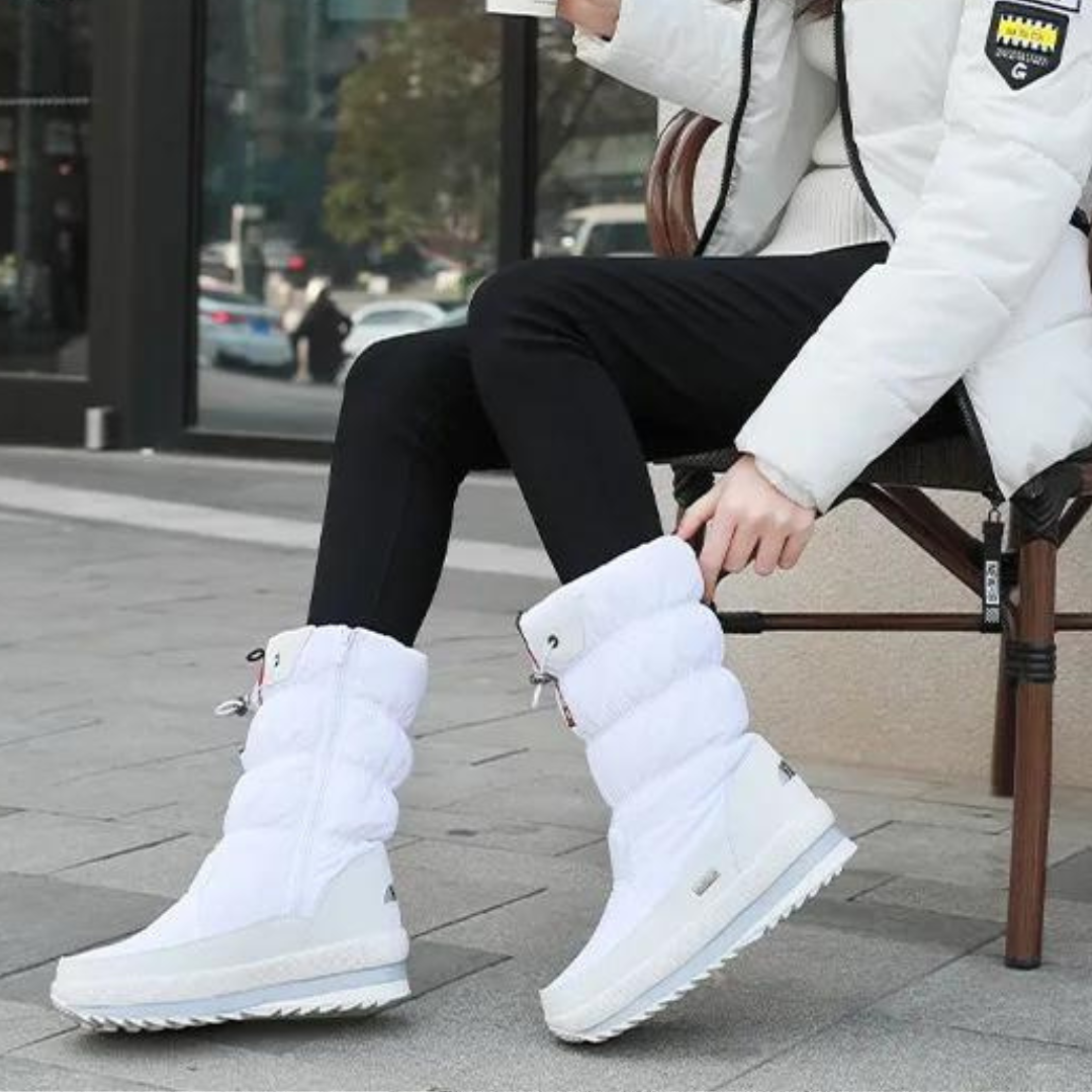 "Stilige og varme vinterboots for kvinner i svart, rosa, lilla og hvit med slippsikre såler og høykvalitetsmaterialer."
