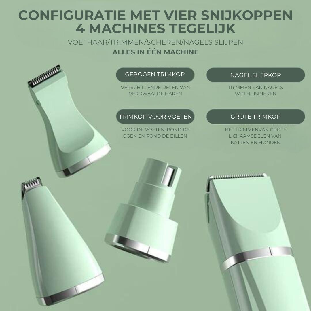Komplett 4-i-1 dyrepleiesett med hundetrimmer, kattetrimmer og neglesliper for hjemmebruk.