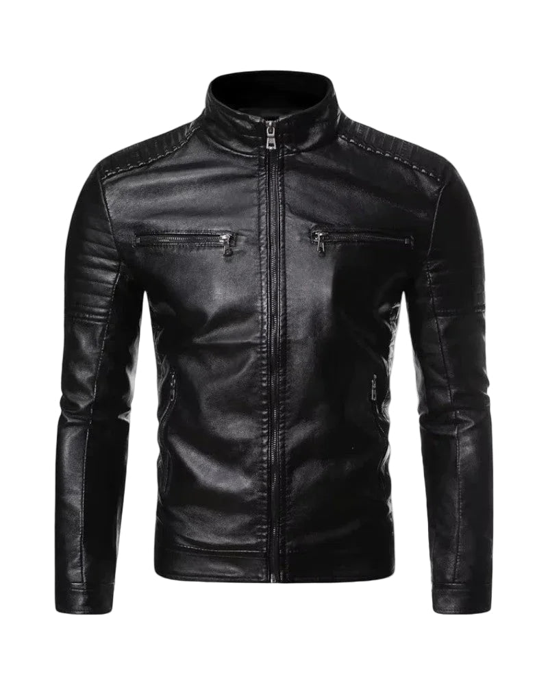 Stilren herre bikerjakke i sort slim fit, gir en skarp, tidløs silhuett. Ideell moderne vår- og høstjakke.