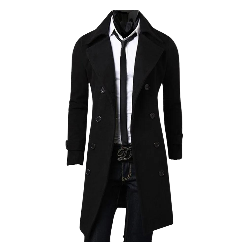 Stilren herre dobbeltradet trenchcoat. Klassisk design, perfekt som ytterplagg for vår og høst.