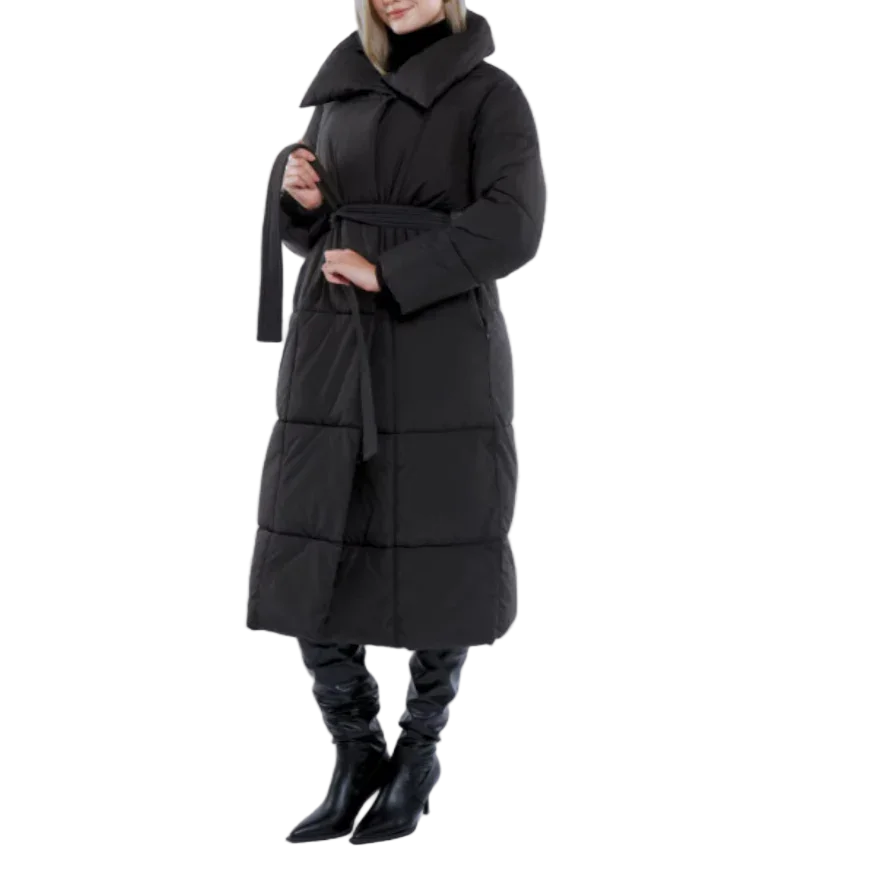 Stilren langline vinterjakke for kvinner med belte, holder deg varm og elegant i kulden. Perfekt damejakke.