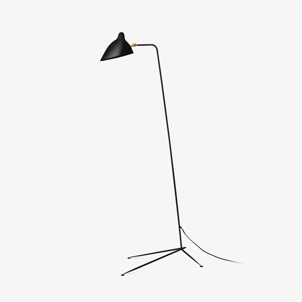 "Stilren svart gulvlampe med skulpturelle linjer og tre justerbare armer, ideell for moderne interiørdesign."