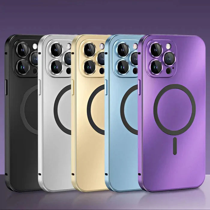 Nærbilde av metall iPhone deksel som fremhever det slanke designet og børstet finish