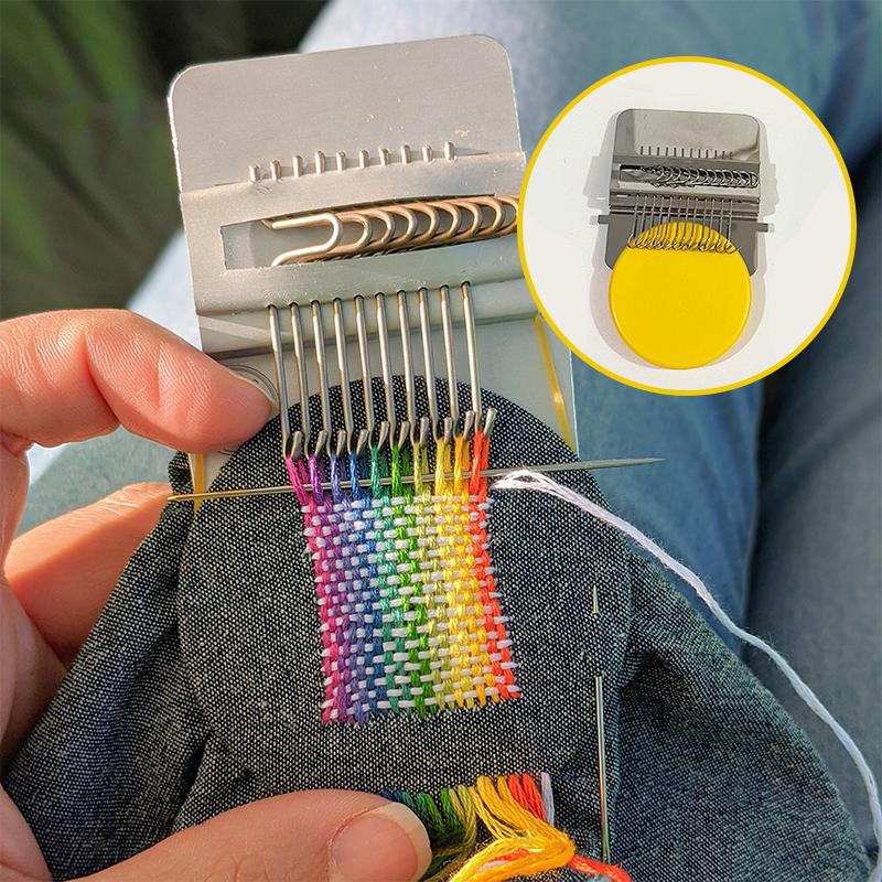 "Stoppevevsett med varierte kroker. Perfekt for reparasjon av små hull og dekorative tekstildesign. Allsidig verktøy."