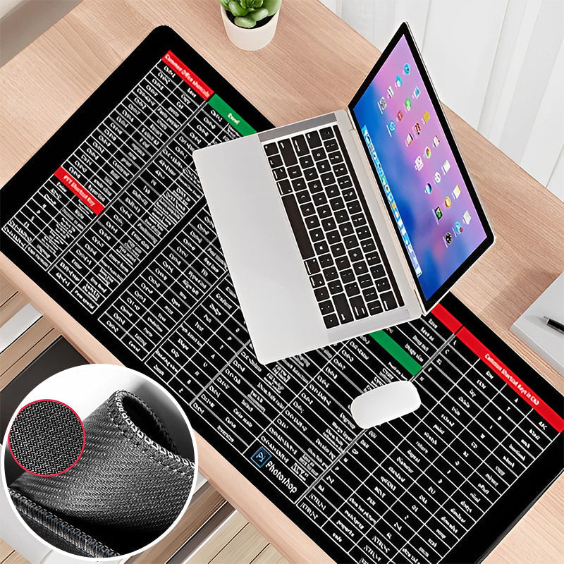 "Stor anti-slip tastaturmatte med gummibunn, hurtigtastmønstre og slitesterke sømmer for komfortabel bruk på skrivebordet."