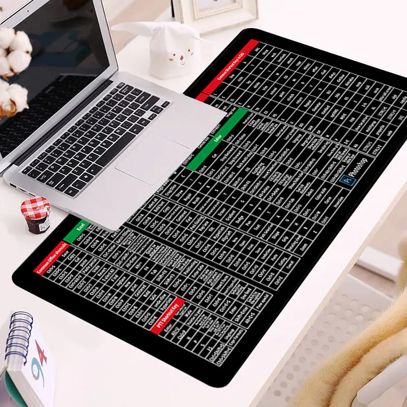 "Stor anti-slip tastaturmatte med gummibunn, hurtigtastmønstre og slitesterke sømmer for komfortabel bruk på skrivebordet."