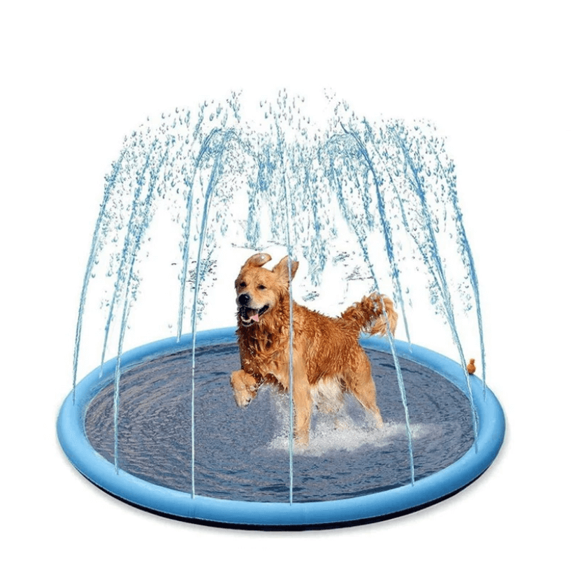 Stor hundesprinklerpute med vannstråler, perfekt for avkjøling og lek for hunder i sommervarmen.