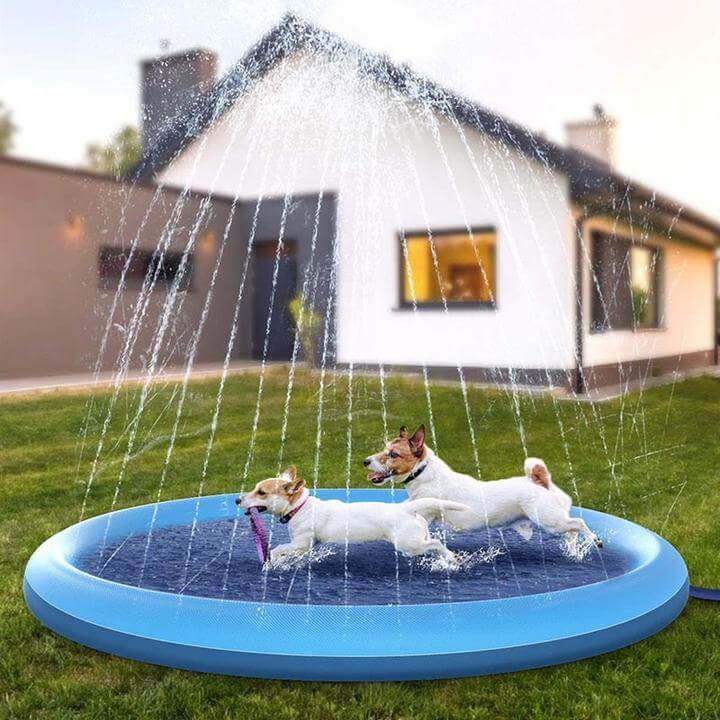 Blå hundesprinklerpute av slitesterkt materiale, tilbyr morsom vannlek og avkjøling for kjæledyr utendørs.