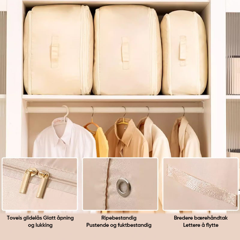 "Stor kompresjons oppbevaringspose i pustende sateng for dyner, med håndtak og glidelås for enkel transport og lagring."