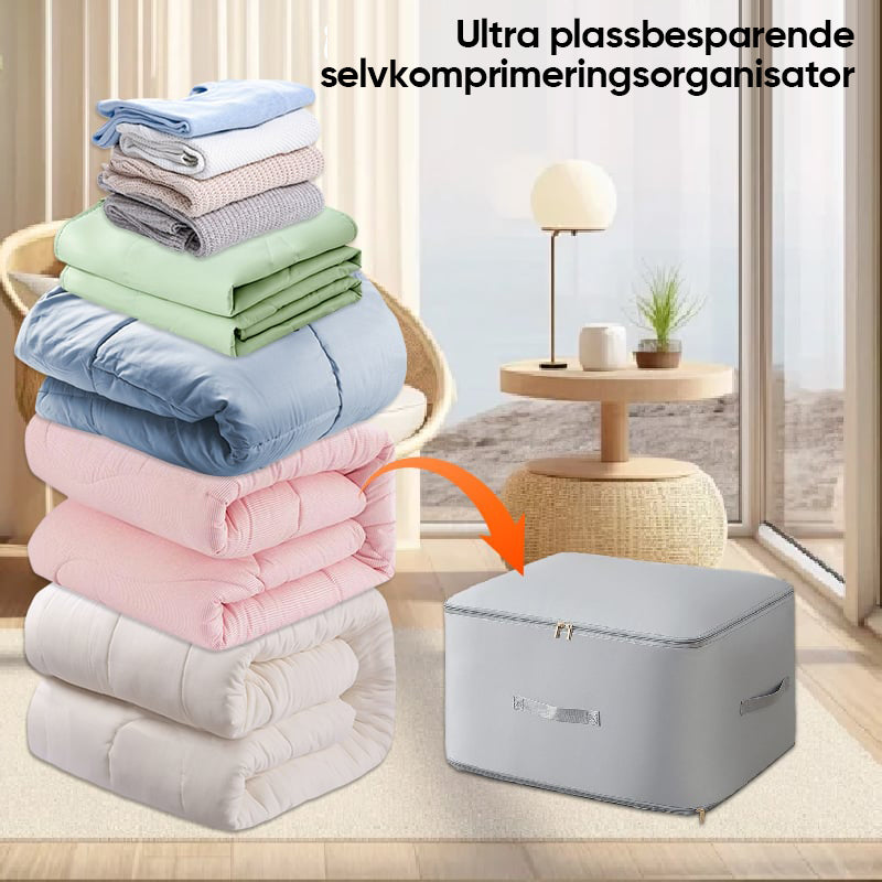 "Stor kompresjons oppbevaringspose i pustende sateng for dyner, med håndtak og glidelås for enkel transport og lagring."