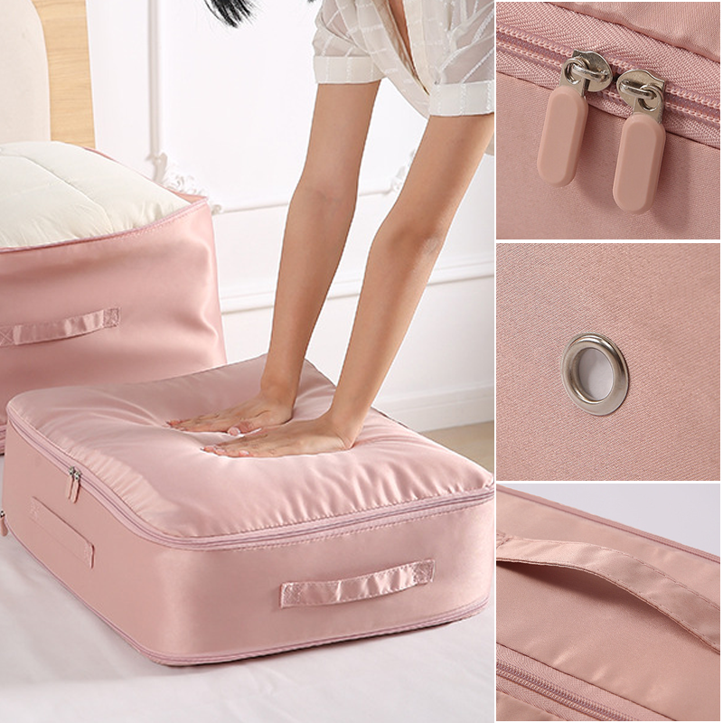 "Stor kompresjons oppbevaringspose i pustende sateng for dyner, med håndtak og glidelås for enkel transport og lagring."