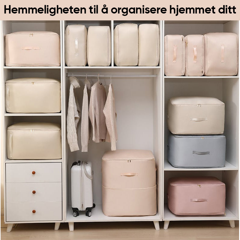 "Stor kompresjons oppbevaringspose i pustende sateng for dyner, med håndtak og glidelås for enkel transport og lagring."