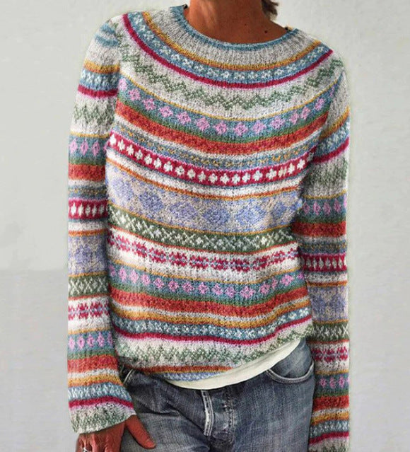 Vintage-inspirert strikkegenser til dame, beige, med rund hals, perfekt for høstens mote