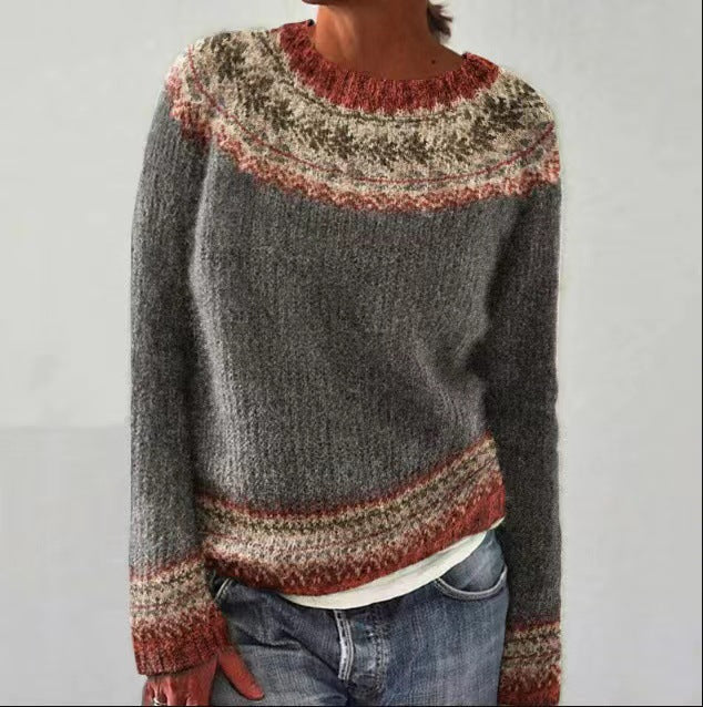 Mote strikkegenser for kvinner, burgunder, i retro college stil, komfortabel og trendy