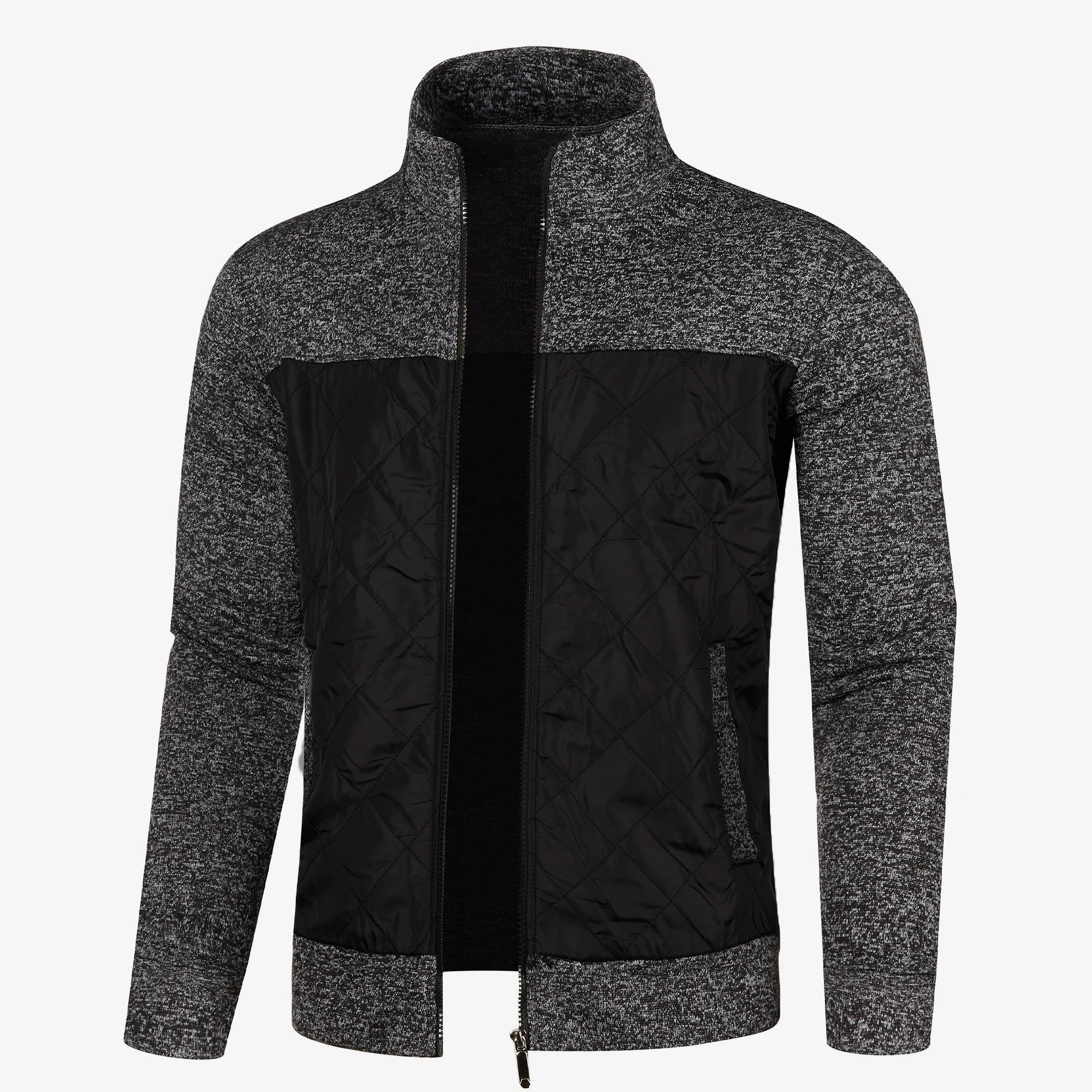 Elegant strikket herrefrakk med ståkrage. Mote-yttertøy for menn, allsidig for høst, vinter og casual stil.