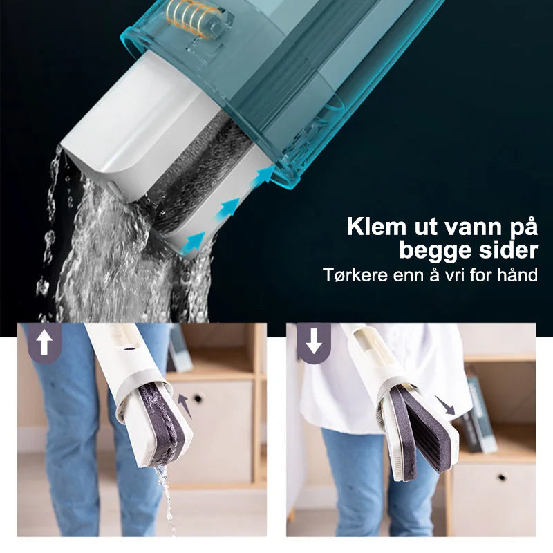 "Superabsorberende sommerfuglmopp med hvitt svamphode og lettklemmemekanisme for enkel og effektiv gulvrengjøring."