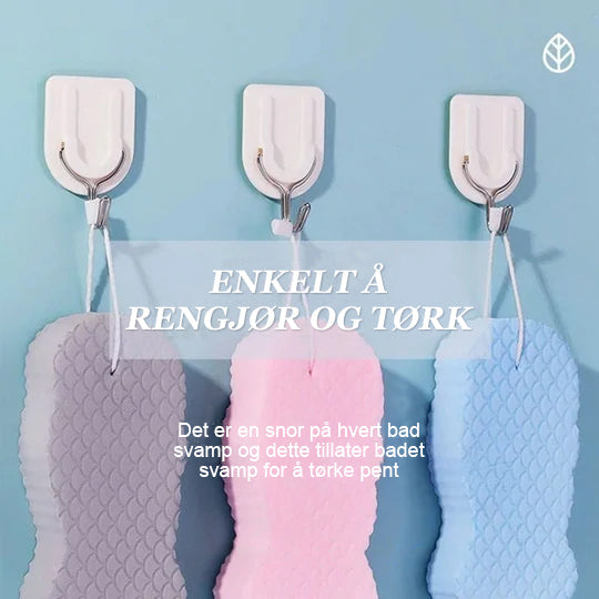 "Supermyk eksfolierende badesvamp, hvit og rosa, for alle hudtyper; skånsom rensing for frisk, strålende hud."