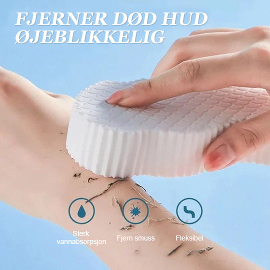 "Supermyk eksfolierende badesvamp, hvit og rosa, for alle hudtyper; skånsom rensing for frisk, strålende hud."