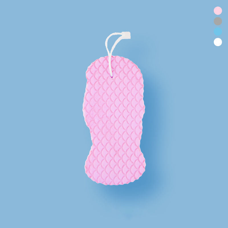 "Supermyk eksfolierende badesvamp, hvit og rosa, for alle hudtyper; skånsom rensing for frisk, strålende hud."