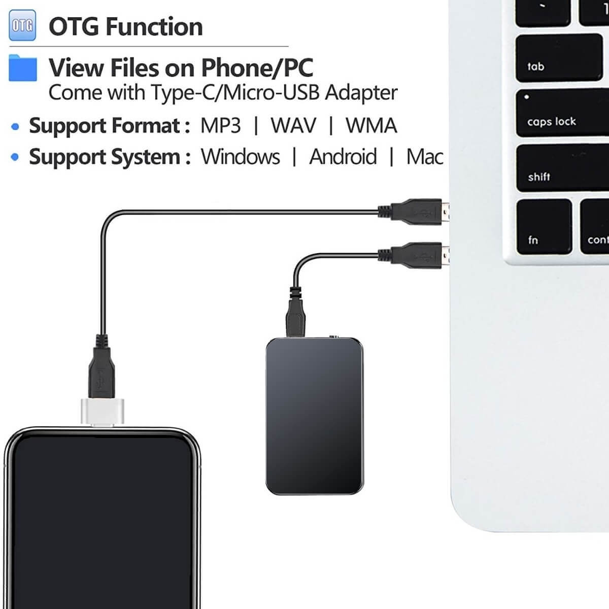 Kompakt sort stemmeopptaker 64GB som ligger på et skrivebord, klar til opptak med lang batterilevetid.