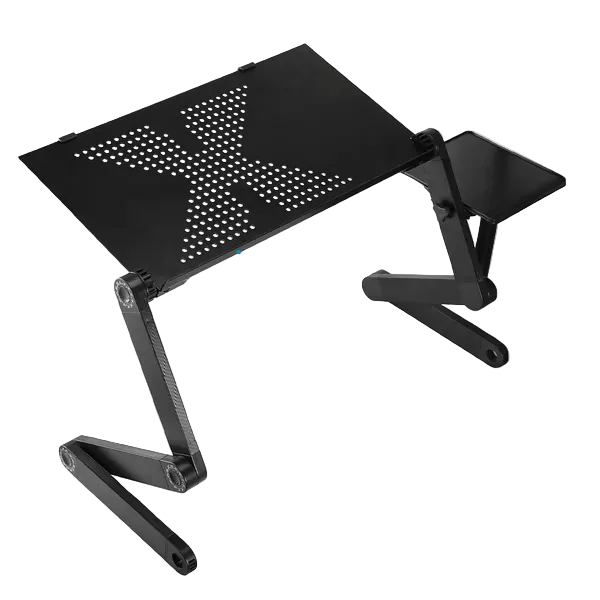 Svart bærbart laptop stativ med justerbare ben for ergonomisk arbeidsstilling, foldet