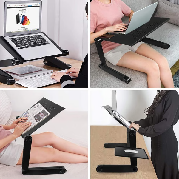 Ergonomisk laptop stativ i svart, med en bærbar datamaskin plassert på det