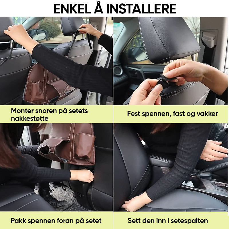 "Svart biloppbevaringslomme i tykt skinn for enkel og sikker oppbevaring i bilen, forhindrer tipping ved bremsing."