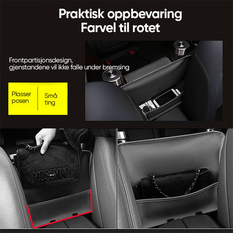 "Svart biloppbevaringslomme i tykt skinn for enkel og sikker oppbevaring i bilen, forhindrer tipping ved bremsing."
