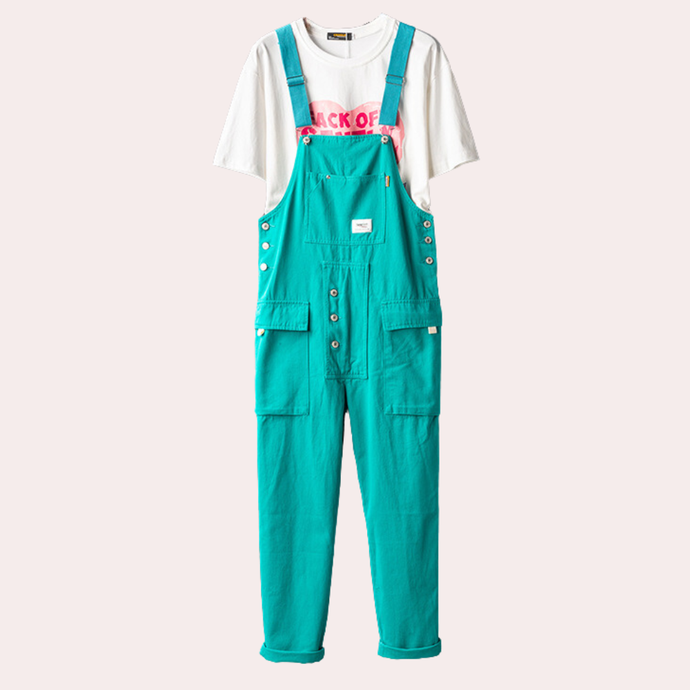 Svart cargo-overall med justerbare stropper og flere lommer, perfekt for menn som søker komfort og funksjonalitet.